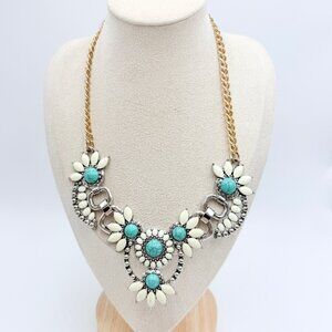 NWT Turquoise Statement Necklace Gold Chain Ivory Floral Bib Necklace